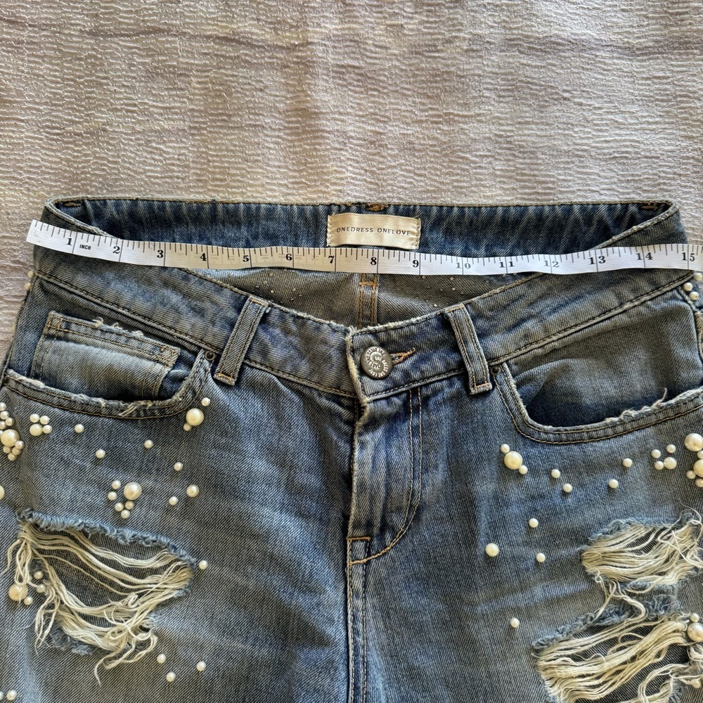 One dress One love Distressed Blue Jeans with Pearl Accents, Size 26-27 - Picture 8 of 9
